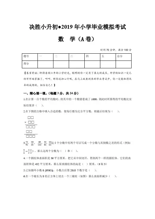 决胜小升初·2019年小学毕业模拟考试数学A卷(含解析+双向细目表,通用版)
