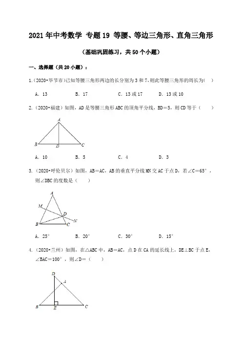 专题19等腰三角形、等边三角形、直角三角形(基础巩固练习)练习版
