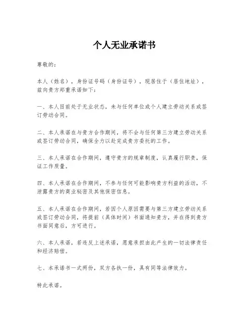 个人无业承诺书