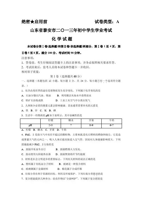 2013年山东省泰安市中考化学试题(含解析)