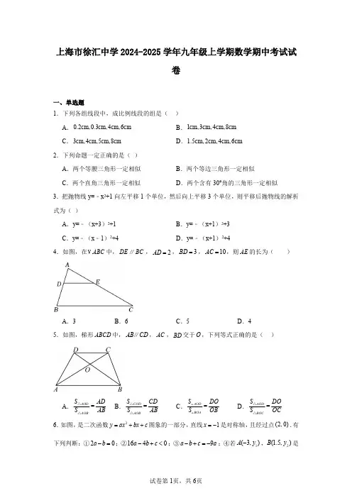 上海市徐汇中学2024-2025学年九年级上学期数学期中考试试卷