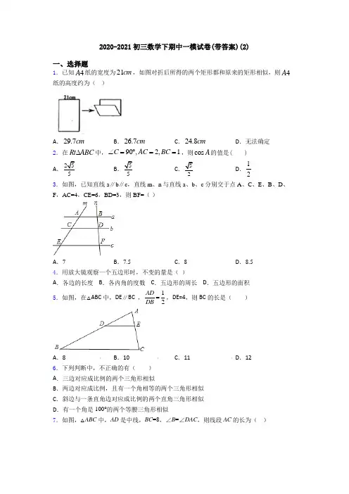 2020-2021初三数学下期中一模试卷(带答案)(2)