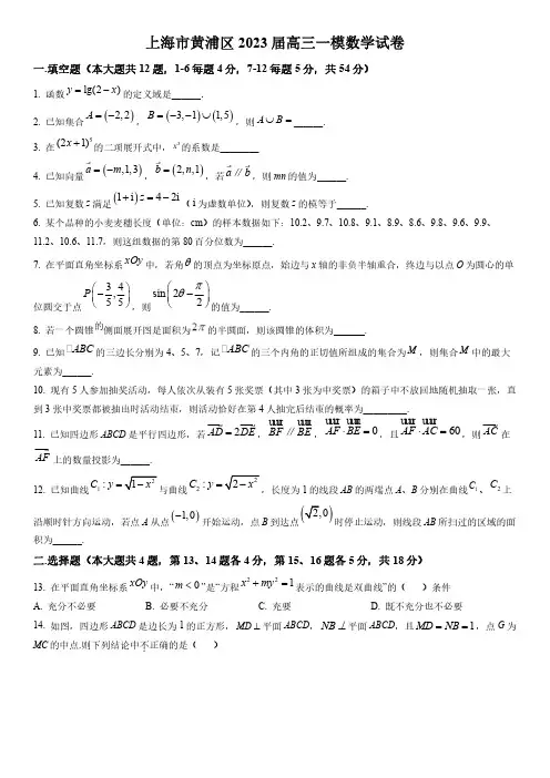 2023年上海市黄浦区高三上学期高考(等级考)一模数学试卷含详解