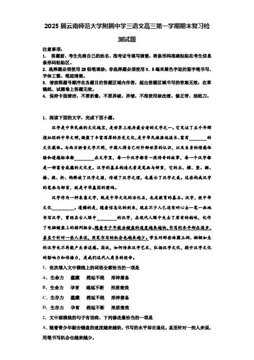 2025届云南师范大学附属中学三语文高三第一学期期末复习检测试题含解析