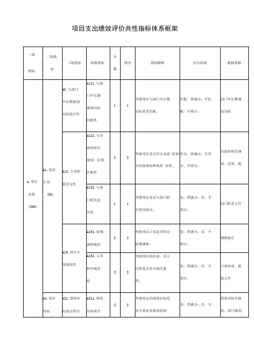 项目支出绩效评价共性指标体系框架