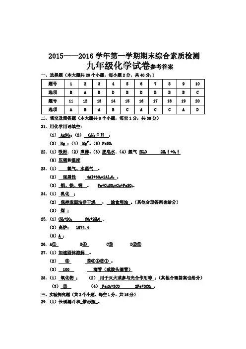 河北省武安市第一学期期末教学质量检测化学试卷含答案2