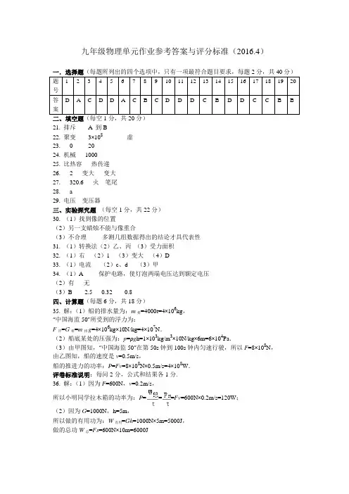沂水2016 .4九物理答案