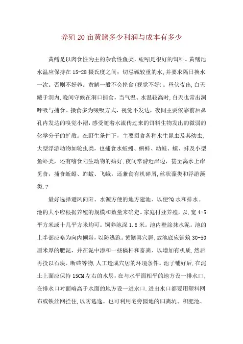 养殖20亩黄鳝多少利润与成本有多少
