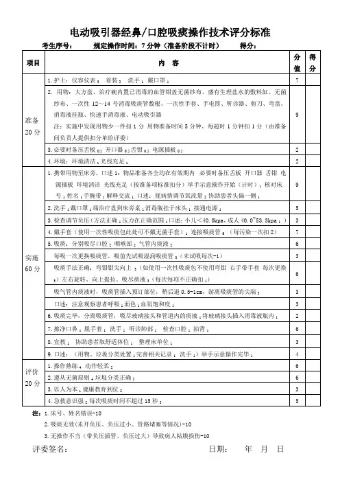 电动吸引器经鼻口腔吸痰操作技术评分标准