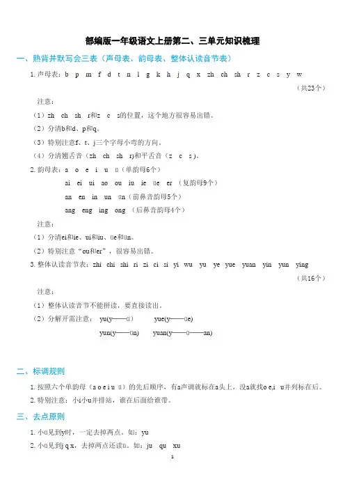 部编版一年级语文上册第二、三单元知识梳理