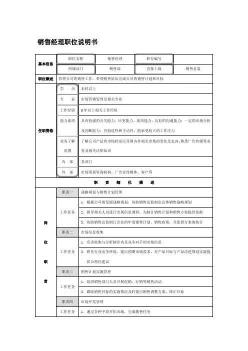 销售经理职位说明书