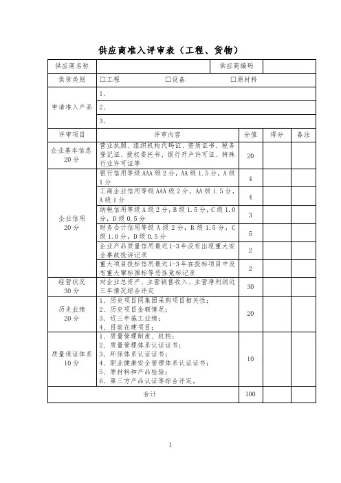 供应商准入评审表