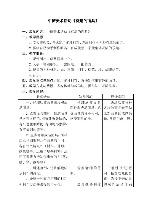 中班美术活动《有趣的面具》教案