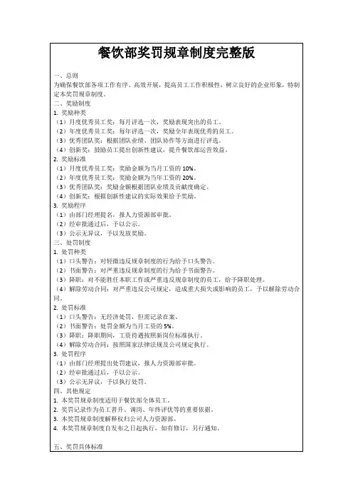 餐饮部奖罚规章制度完整版