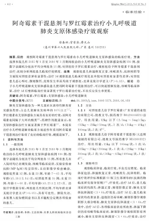 阿奇霉素干混悬剂与罗红霉素治疗小儿呼吸道肺炎支原体感染疗效观察