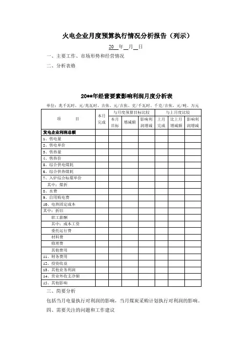 火电企业月度预算执行情况分析报告(列示)