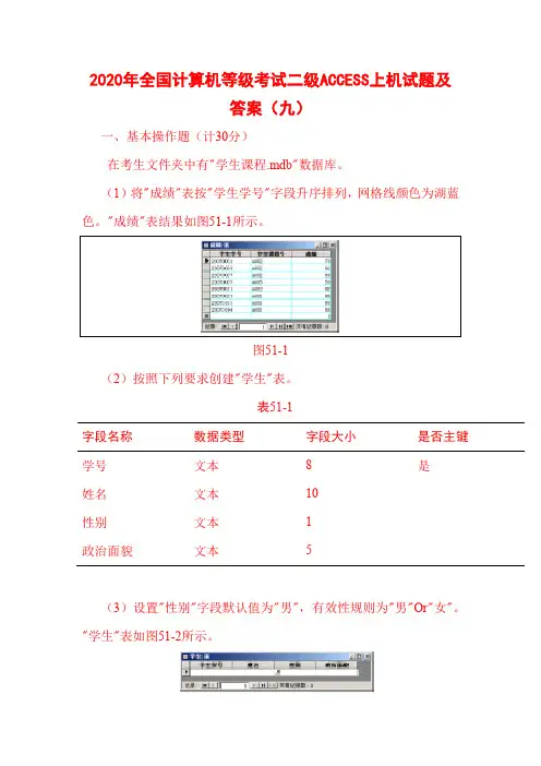 2020年全国计算机等级考试二级ACCESS上机试题及答案(九)