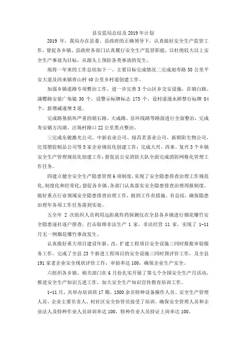 最新-县安监局总结及2019年计划 精品