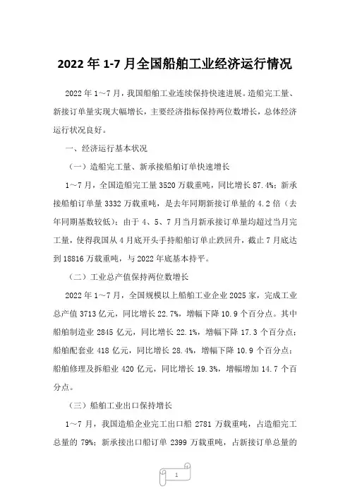 2023年1-7月全国船舶工业经济运行情况