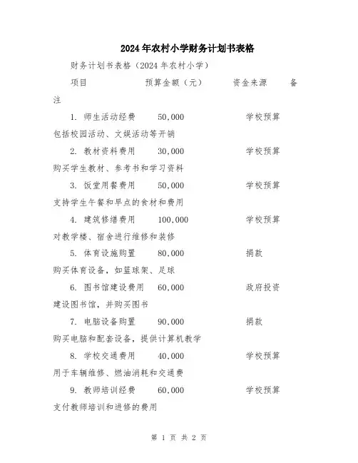 2024年农村小学财务计划书表格