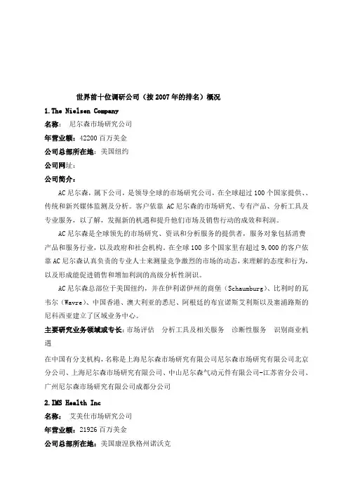 世界前十位调研公司的概况