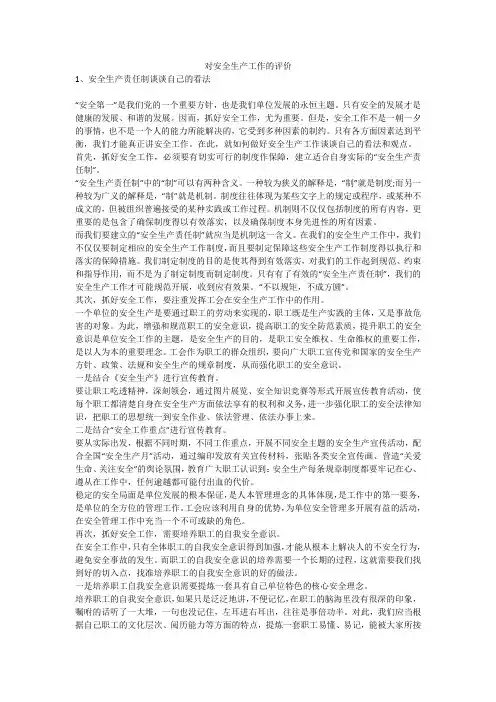 对安全生产工作的评价安全生产