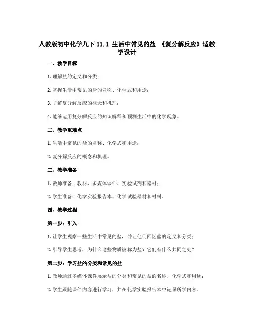 人教版初中化学九下11.1 生活中常见的盐 《复分解反应》适教学设计