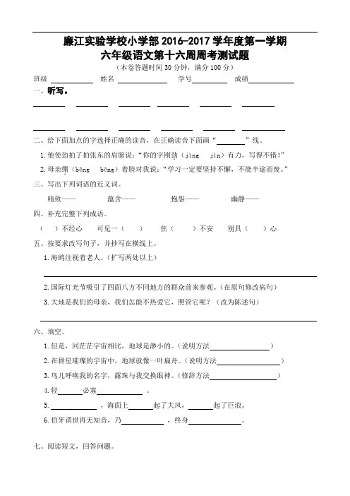 六年级上册语文十六周周考∣人教新课标(含答案)6053