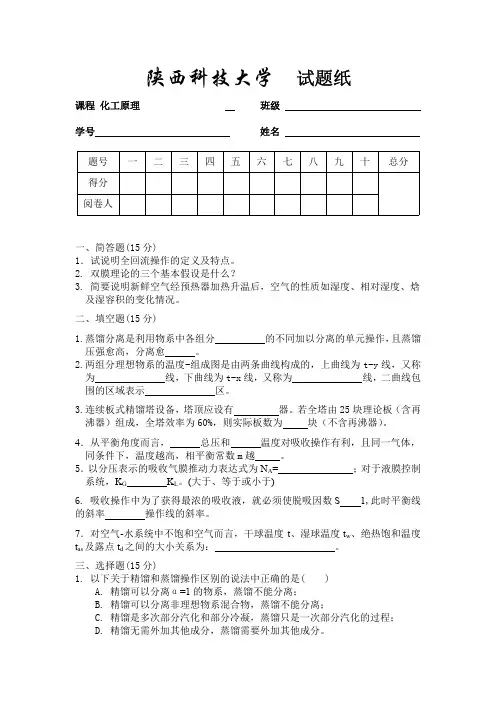 陕西科技大学过程装备与控制工程专业试题(化工原理,流体力学,电子技术过程设备设计plc,热工基础与应用)