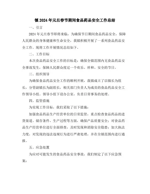 镇2024年元旦春节期间食品药品安全工作总结