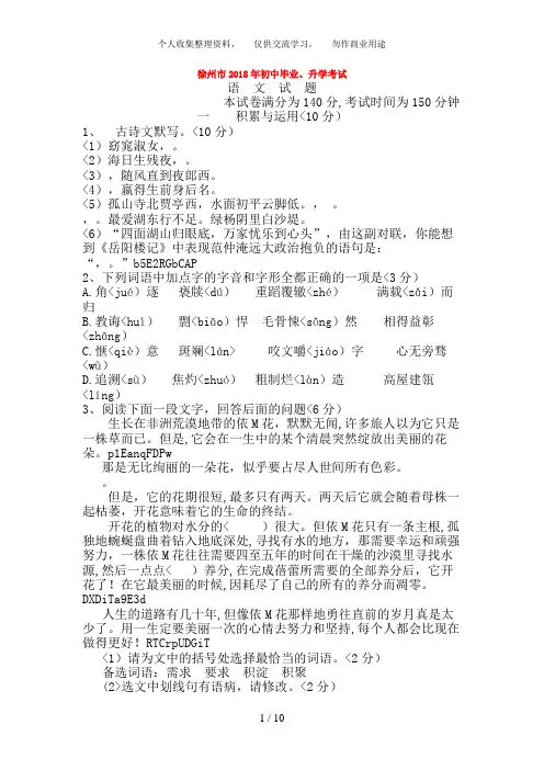 2018年江苏省徐州市中考语文试题含答案