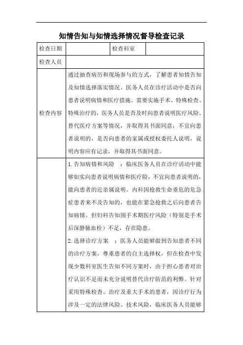 2016知情告知与知情选择情况督导检查记录
