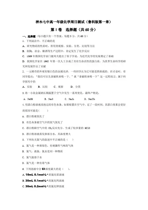 鲁科版高一化学第一章测试题