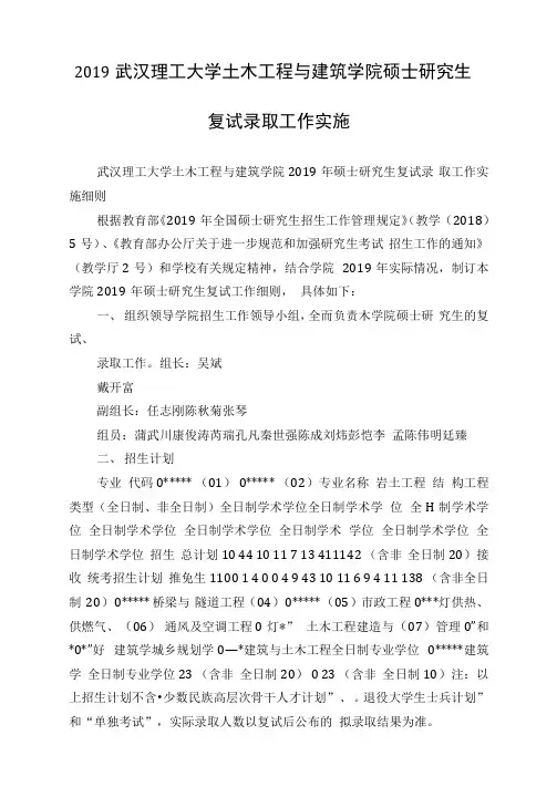 2019武汉理工大学土木工程与建筑学院硕士研究生复试录取工作实施