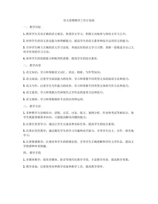 语文春期教学工作计划表
