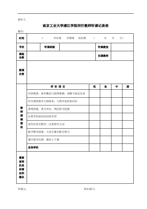 南京工业大学浦江学院同行教师听课记录表
