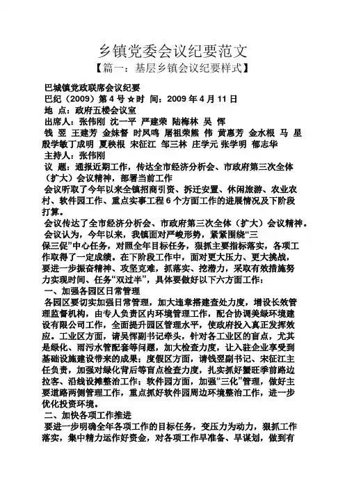乡镇党委会议纪要范文
