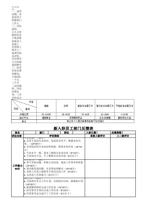 新员工入职部门反馈表