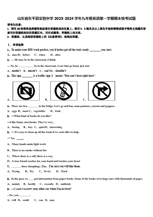 山东省东平县实验中学2023-2024学年九年级英语第一学期期末统考试题含解析