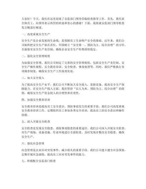 安监部门领导检查发言稿