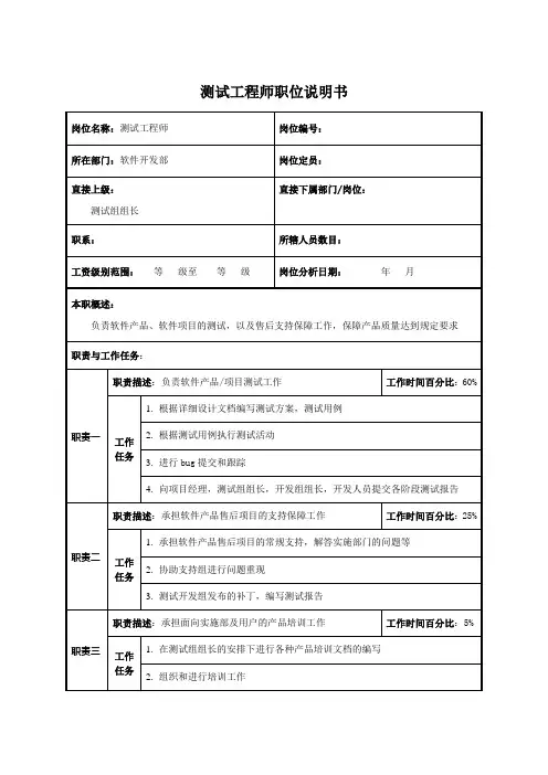 测试工程师职位说明书