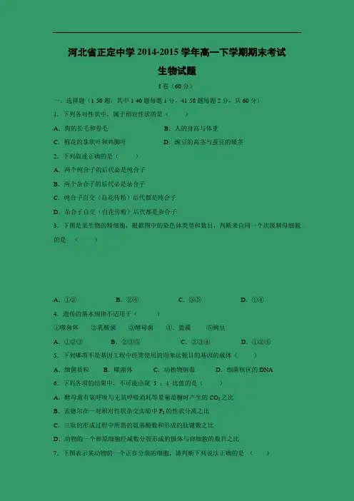高中生物期末试题-正定中学2014-2015学年高一下学期期末生物试题及答案考试