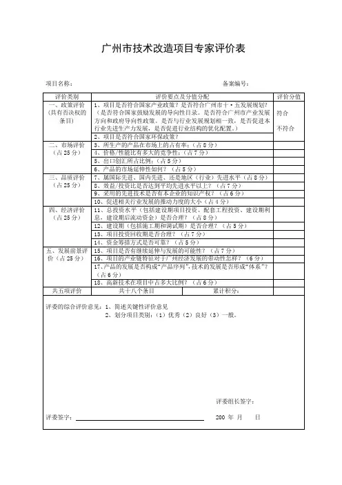 广州市技术改造项目专家评价表