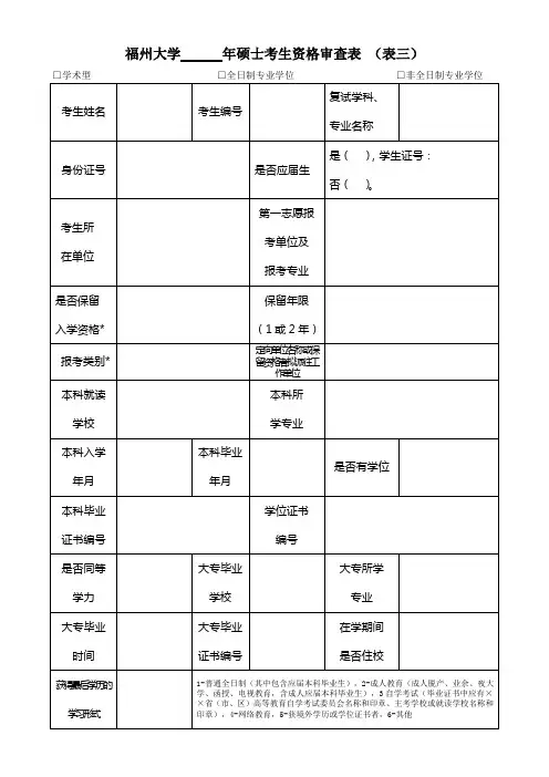 福州大硕士考生资格审查表