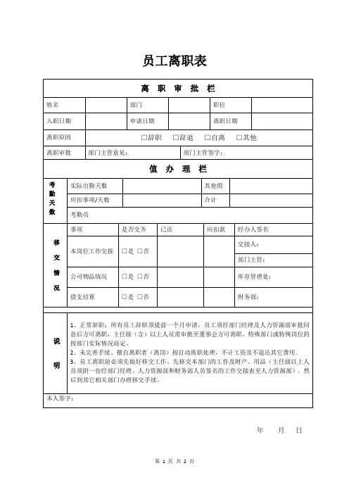 员工离职表(最新版)
