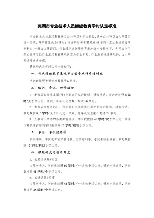 芜湖市专业技术人员继续教育学时认定标准