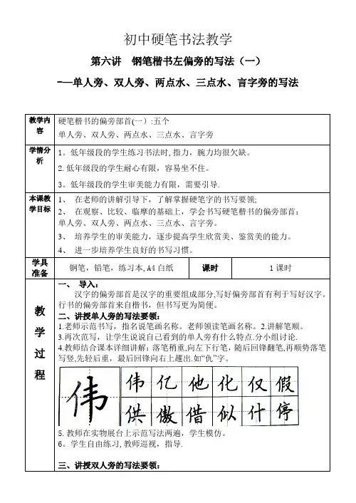 第六讲钢笔楷书左偏旁的写法——单人旁、双人旁、两点水、三点水、言字旁的写法