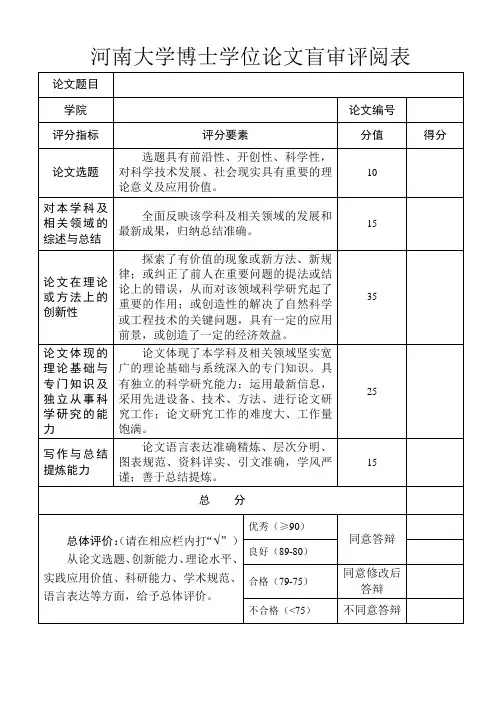 河南大学博士学位论文盲审评阅表