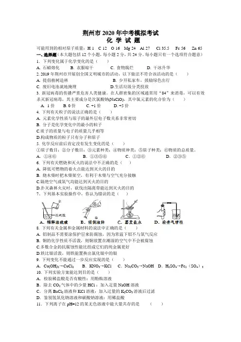 湖北省荆州市2020年中考模拟考试化学试题(含答案)