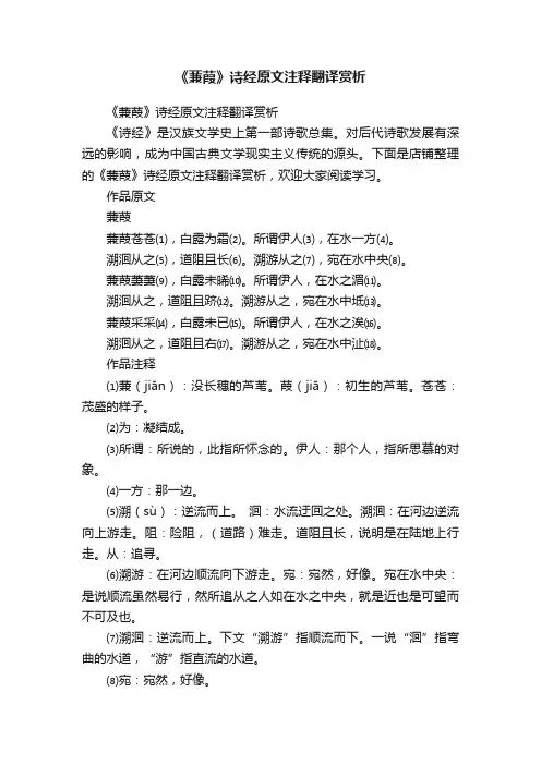 《蒹葭》诗经原文注释翻译赏析